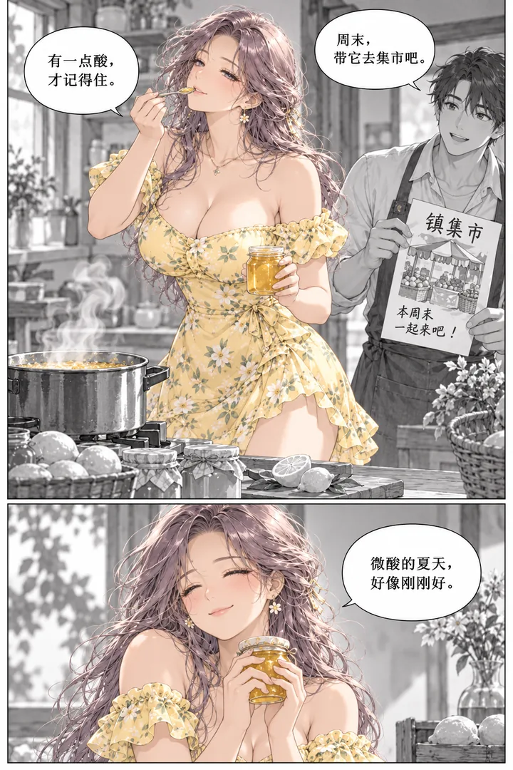 柠檬假日第01话第4页：两人在厨房熬果酱、女主尝味微酸笑、邻居打开镇集市邀请