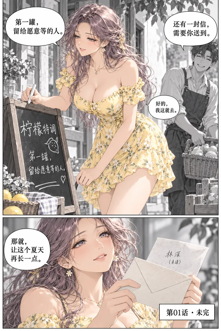柠檬假日第01话第5页：女主写新摊位牌、门外邻居帮搬篮子、旧信背面露未读名字