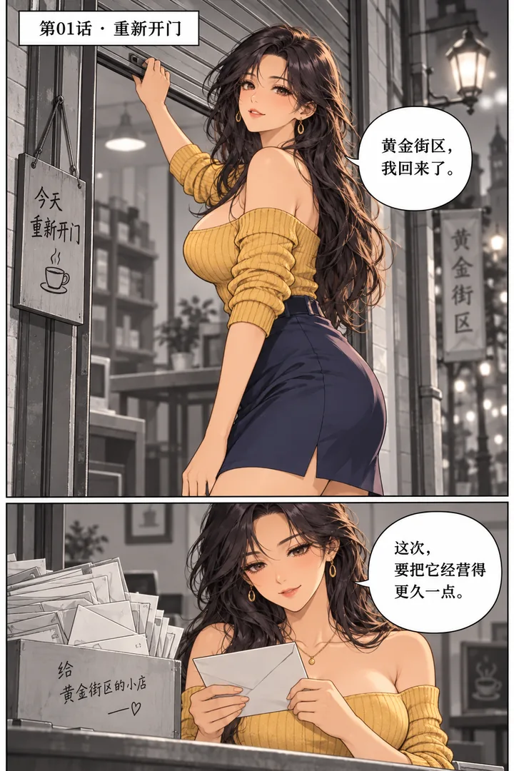 黄金街区第01话第1页：暖金城市老街夜景、成年女主拉开小店卷帘门、店门积压信封