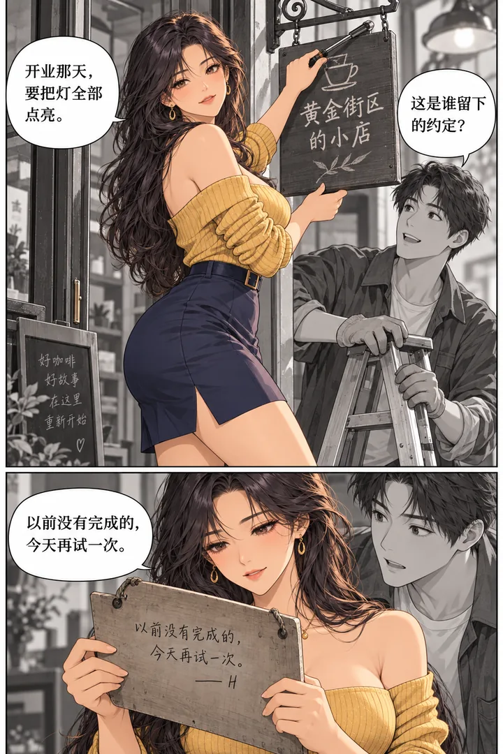 黄金街区第01话第3页：女主修店门牌、成年男邻居帮忙、两人发现牌背手写名字